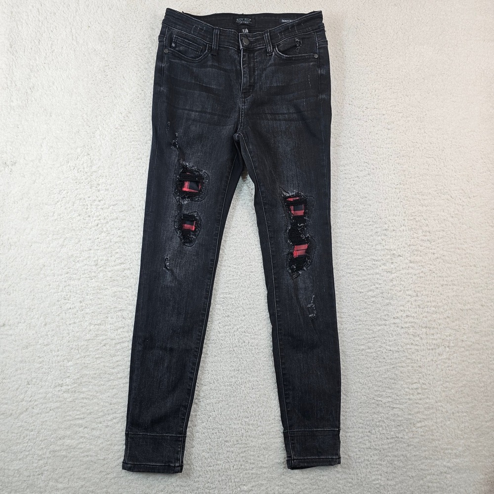 Judy‎ Blue Skinny Fit Distressed Black Plaid Patch Jeans JB82191BK Size 7/28